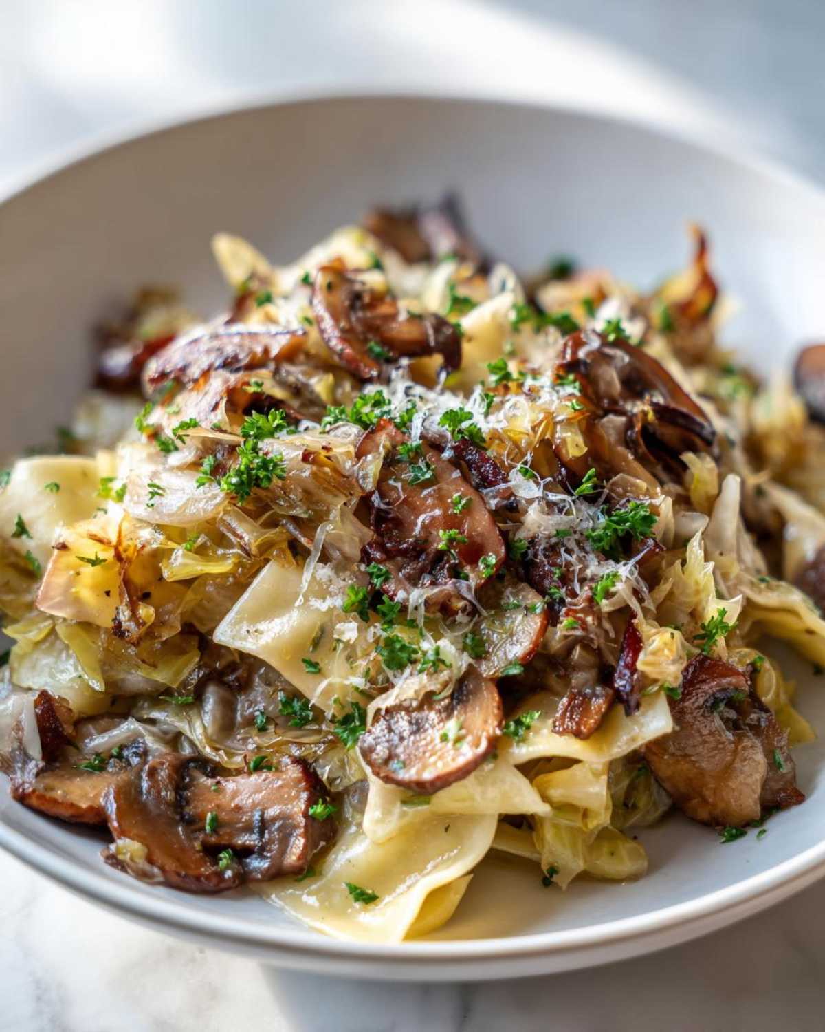 Zbliżenie na miskę pełną domowych łazanek z kapustą i pieczarkami, posypanych serem i pietruszką.