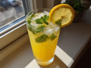 Szklanka Lemoniada cytrynowa domowa z kostkami lodu, listkami mięty i plasterkiem cytryny.