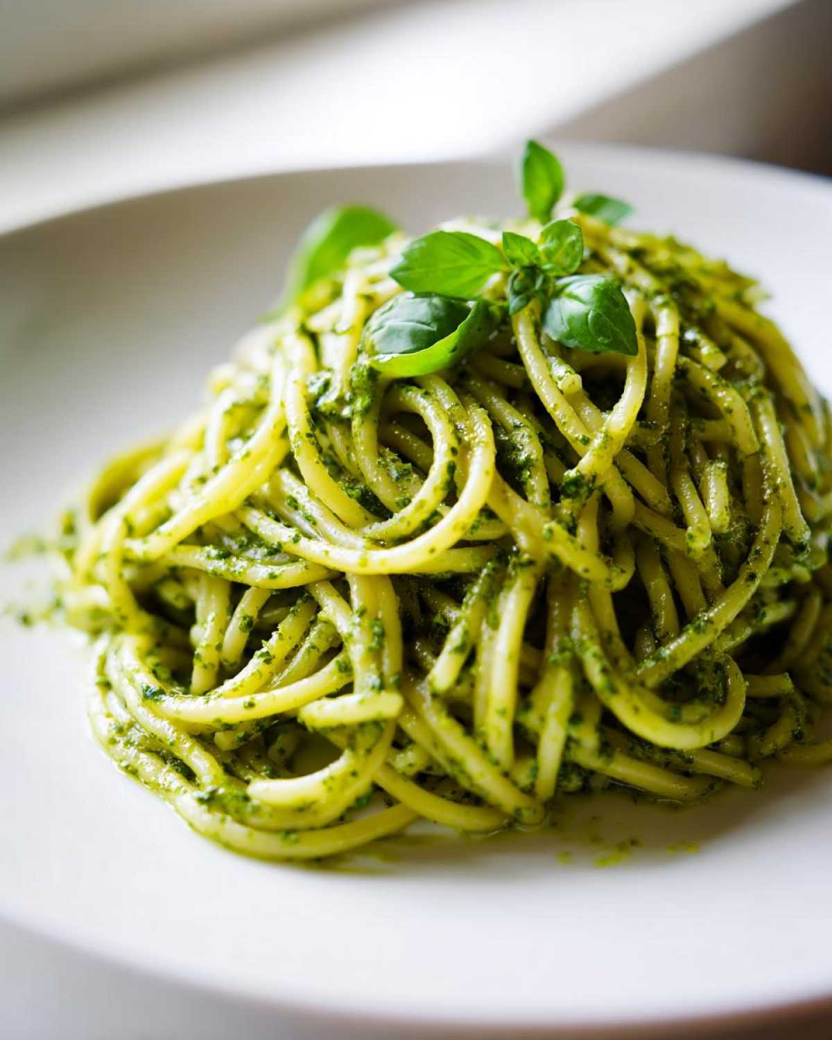 Porcja makaronu spaghetti obficie polana zielonym pesto, udekorowana świeżymi listkami bazylii.