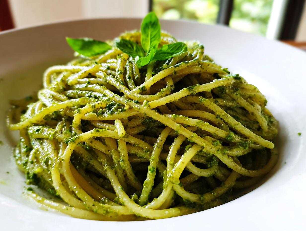 Zbliżenie na talerz spaghetti obficie polanego zielonym pesto, udekorowane listkami bazylii.