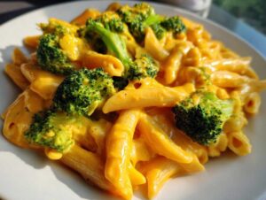 Zbliżenie na penne makaron oblany gęstym, żółtym sosem serowym z kawałkami zielonych brokułów. Makaron z sosem serowym i brokułami.