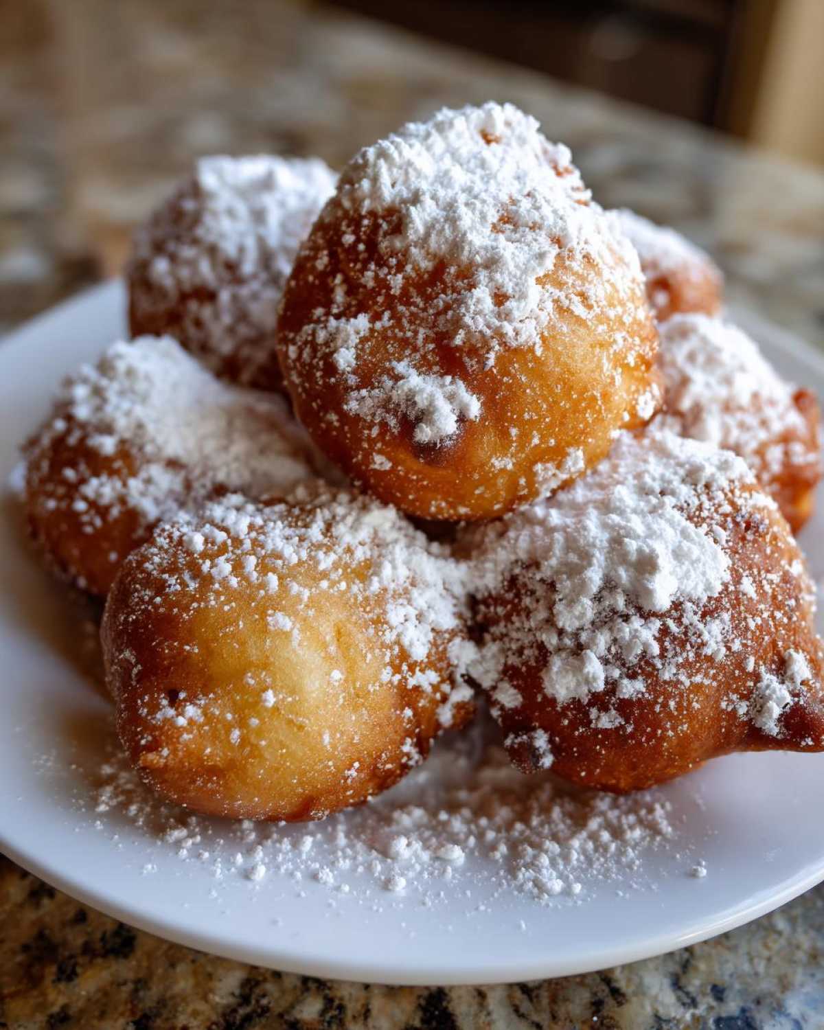 Zbliżenie na stos puszystych, złocistych Mini pączki serowe obficie oprószone cukrem pudrem na białym talerzyku.