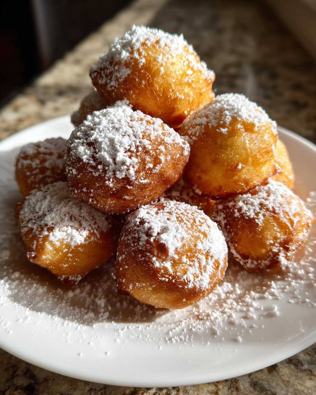 Stos puszystych, złotych Mini pączków serowych obficie posypanych cukrem pudrem na białym talerzu.