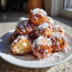 Stos puszystych, złotych Mini pączki serowe obficie posypane cukrem pudrem na białym talerzu.