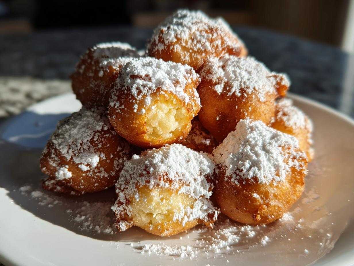 Stos puszystych, złotych Mini pączków serowych obficie posypanych cukrem pudrem na białym talerzu.