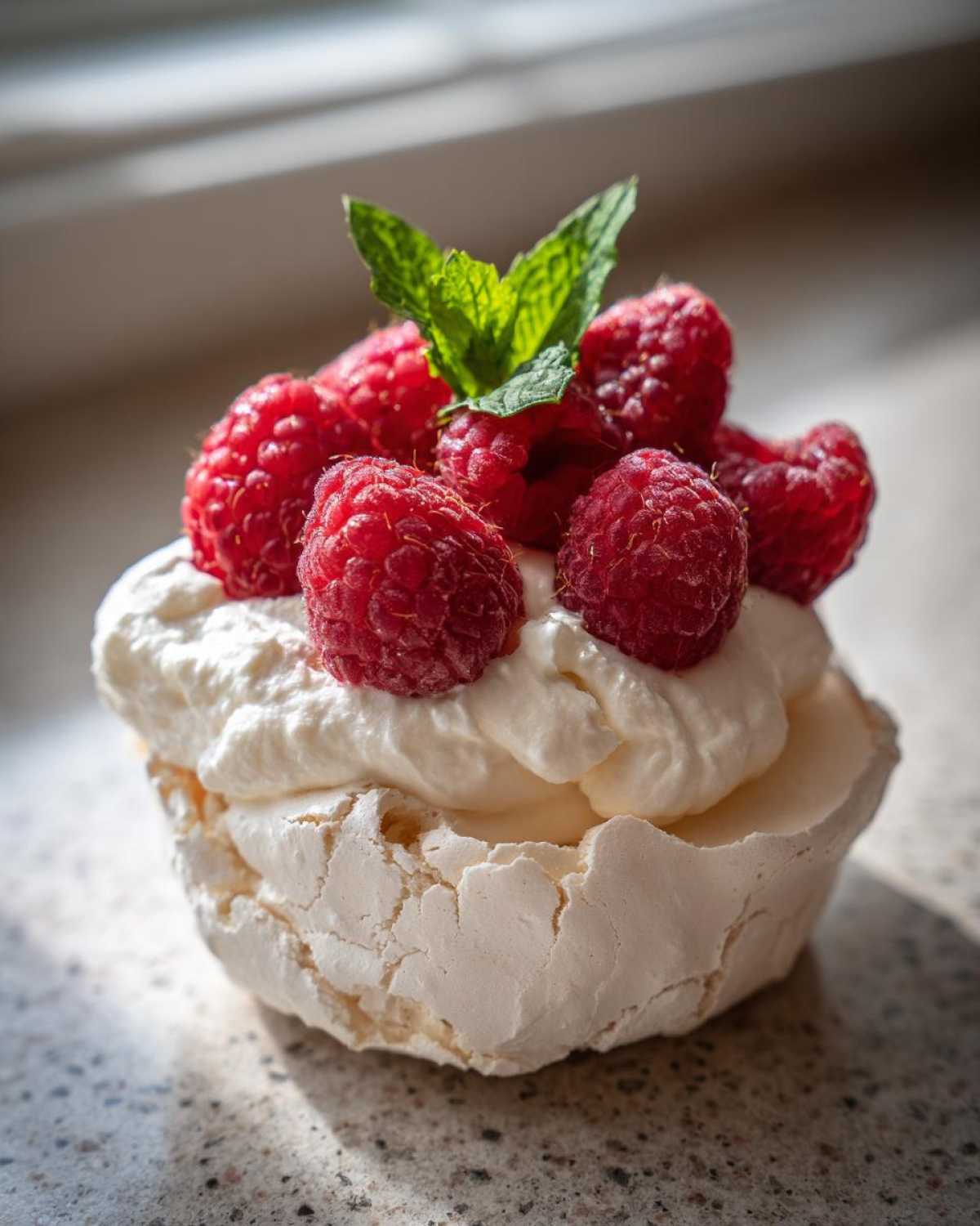 Pojedyncza Mini pavlova z owocami: beza wypełniona bitą śmietaną, udekorowana malinami i listkiem mięty.