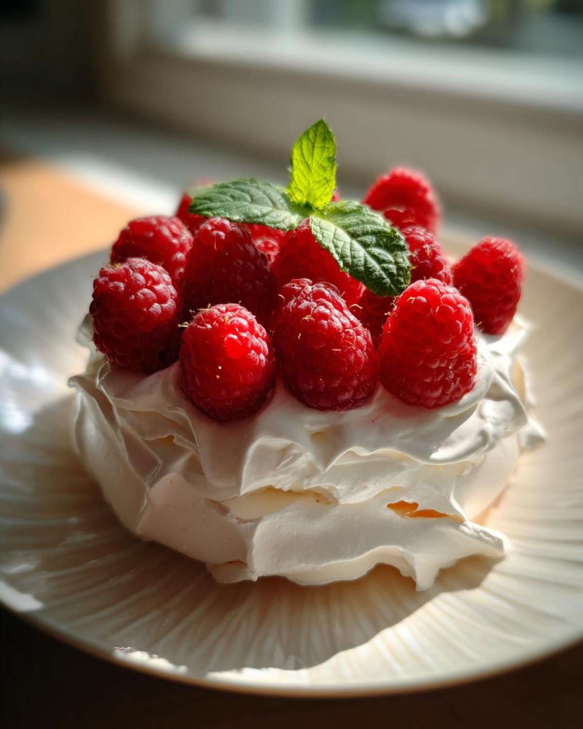 Zbliżenie na jedną Mini pavlova z owocami, udekorowaną świeżymi malinami i listkiem mięty.