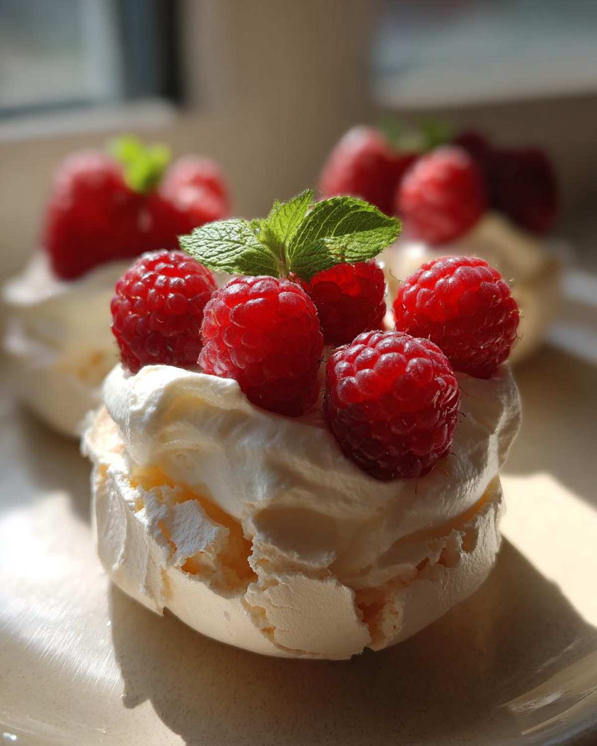 Zbliżenie na jedną Mini pavlova z owocami: beza, bita śmietana, maliny i listek mięty.
