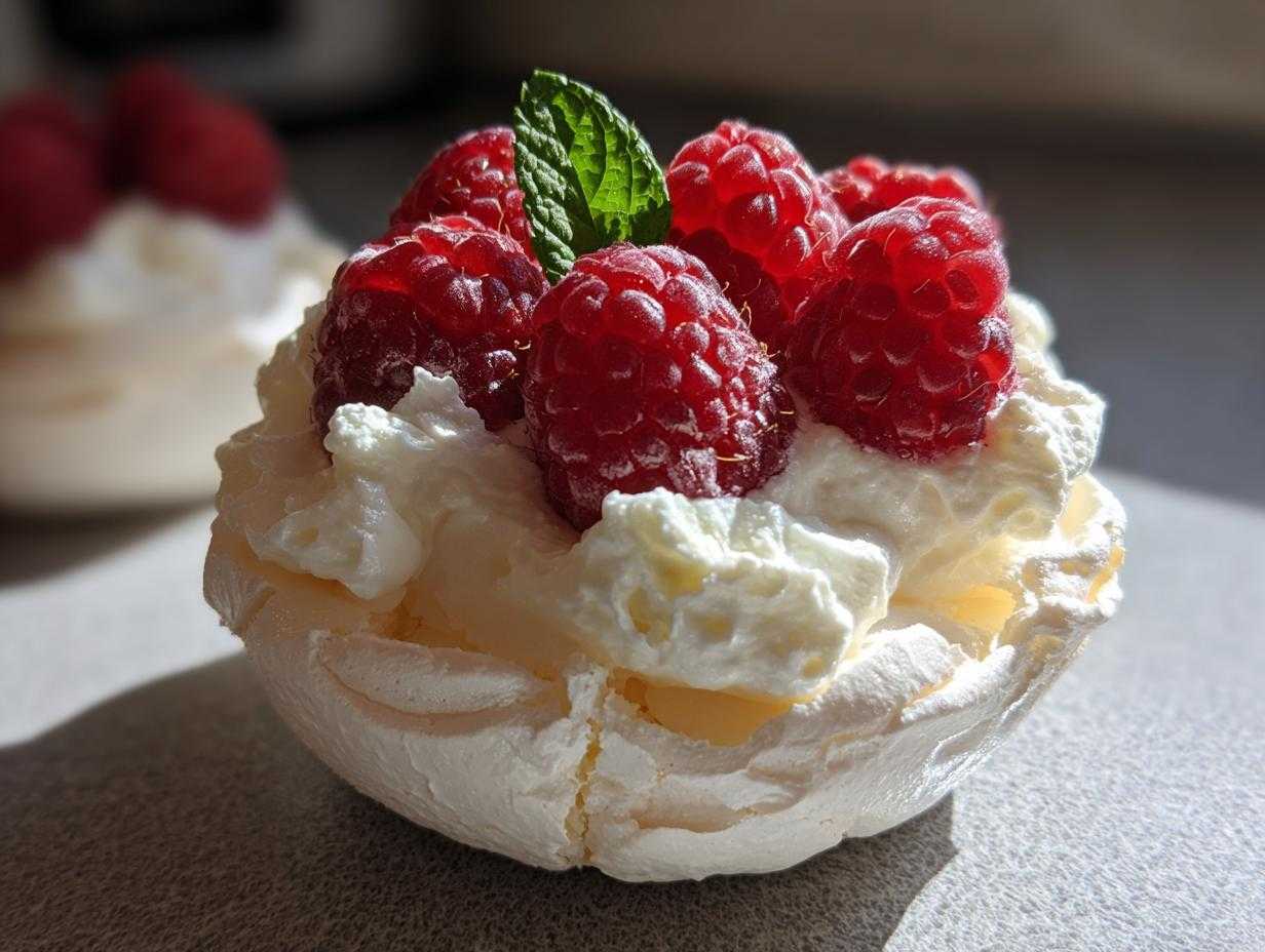 Zbliżenie na jedną Mini pavlova z owocami: puszysta beza wypełniona bitą śmietaną i udekorowana świeżymi malinami oraz listkiem mięty.