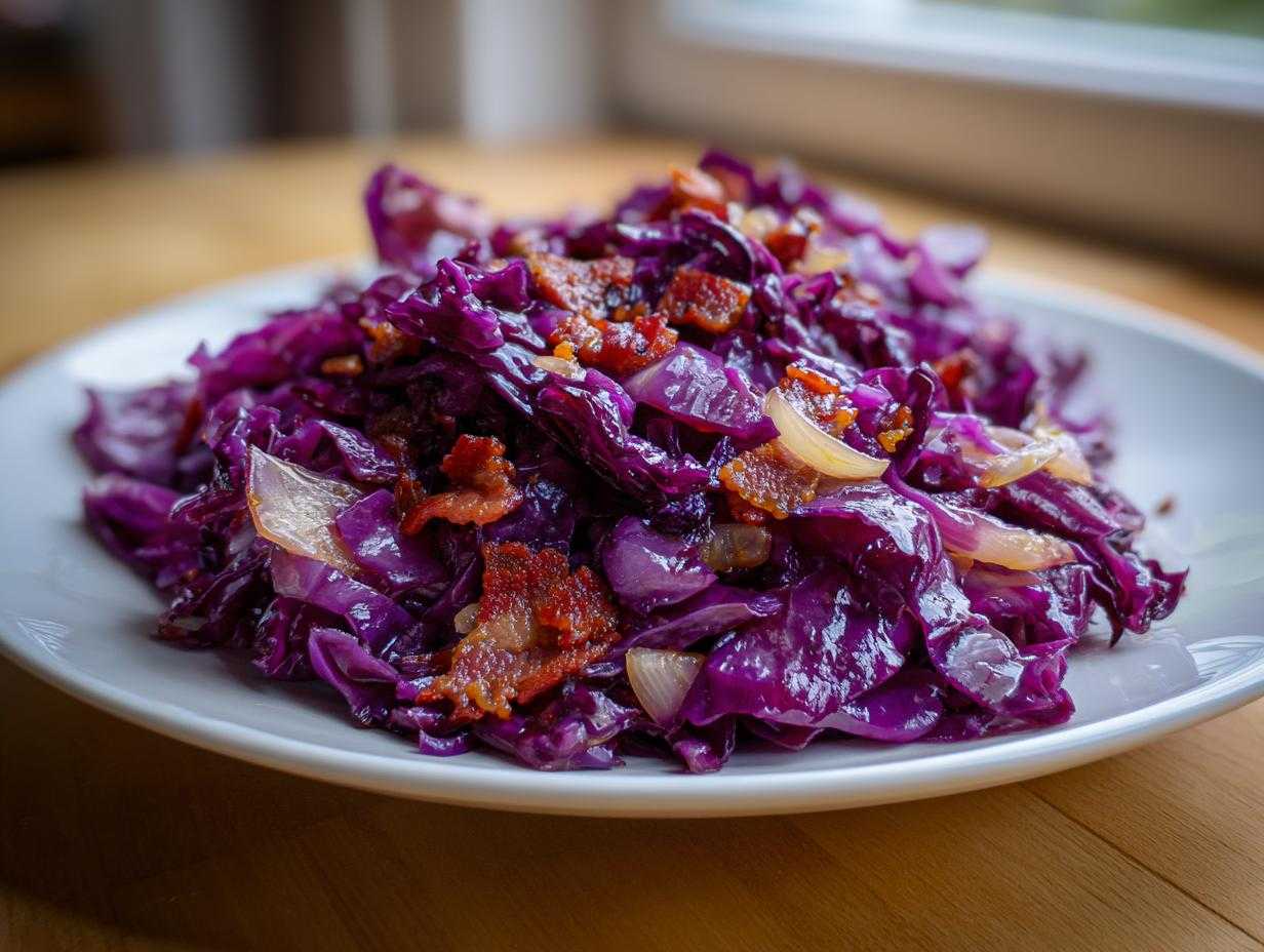 Porcja Modra kapusta zasmażana podana na białym talerzu, posypana chrupiącym boczkiem.