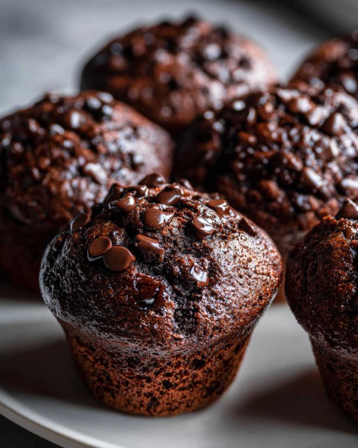 Zbliżenie na wilgotne muffinki czekoladowe z dużą ilością kawałków czekolady na wierzchu.
