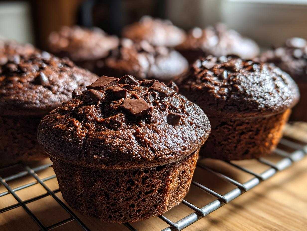 Zbliżenie na świeżo upieczone muffinki czekoladowe z kawałkami czekolady, studzące się na metalowej kratce.