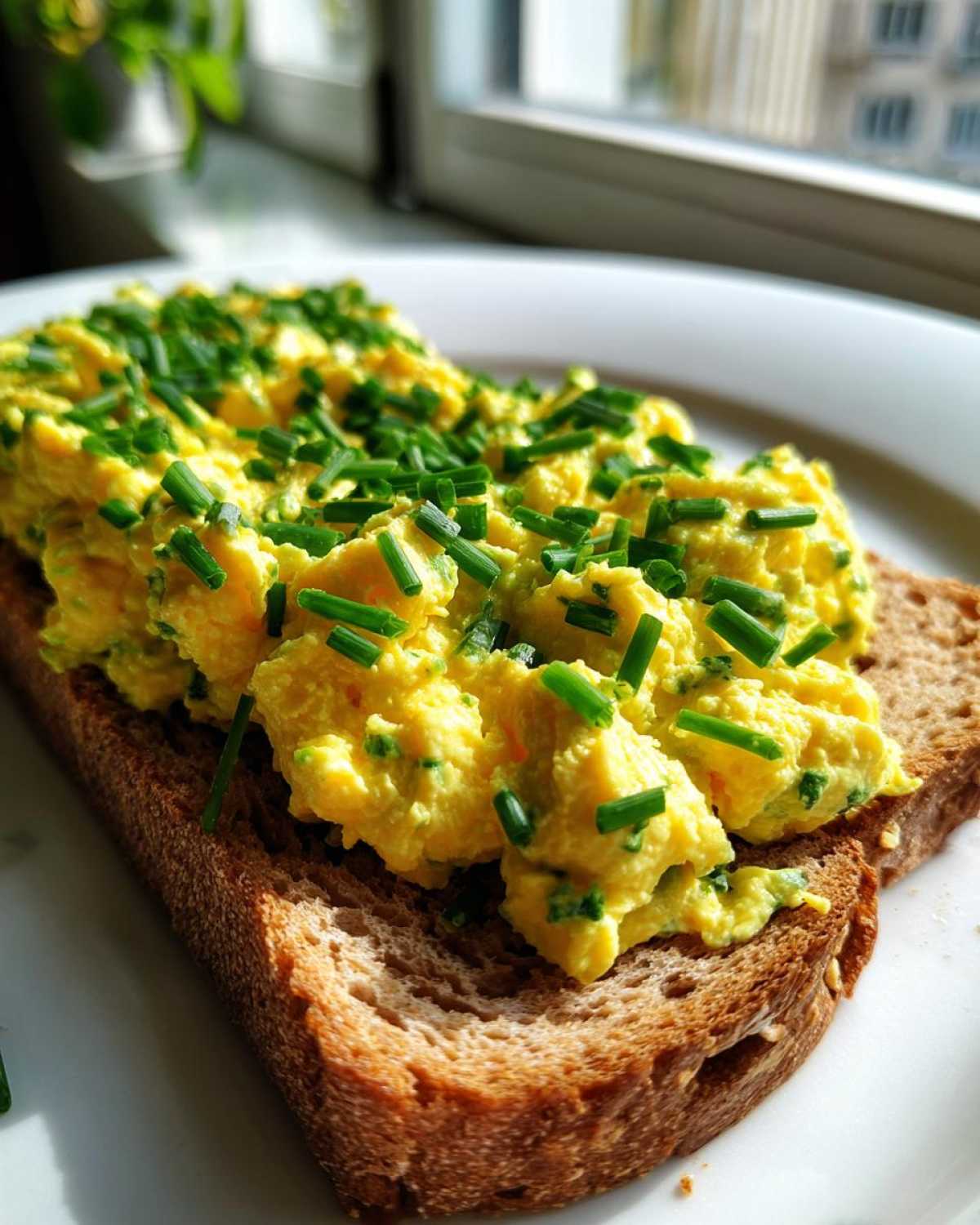 Kremowa pasta jajeczna ze szczypiorkiem obficie posypana świeżym szczypiorkiem na kromce ciemnego pieczywa.
