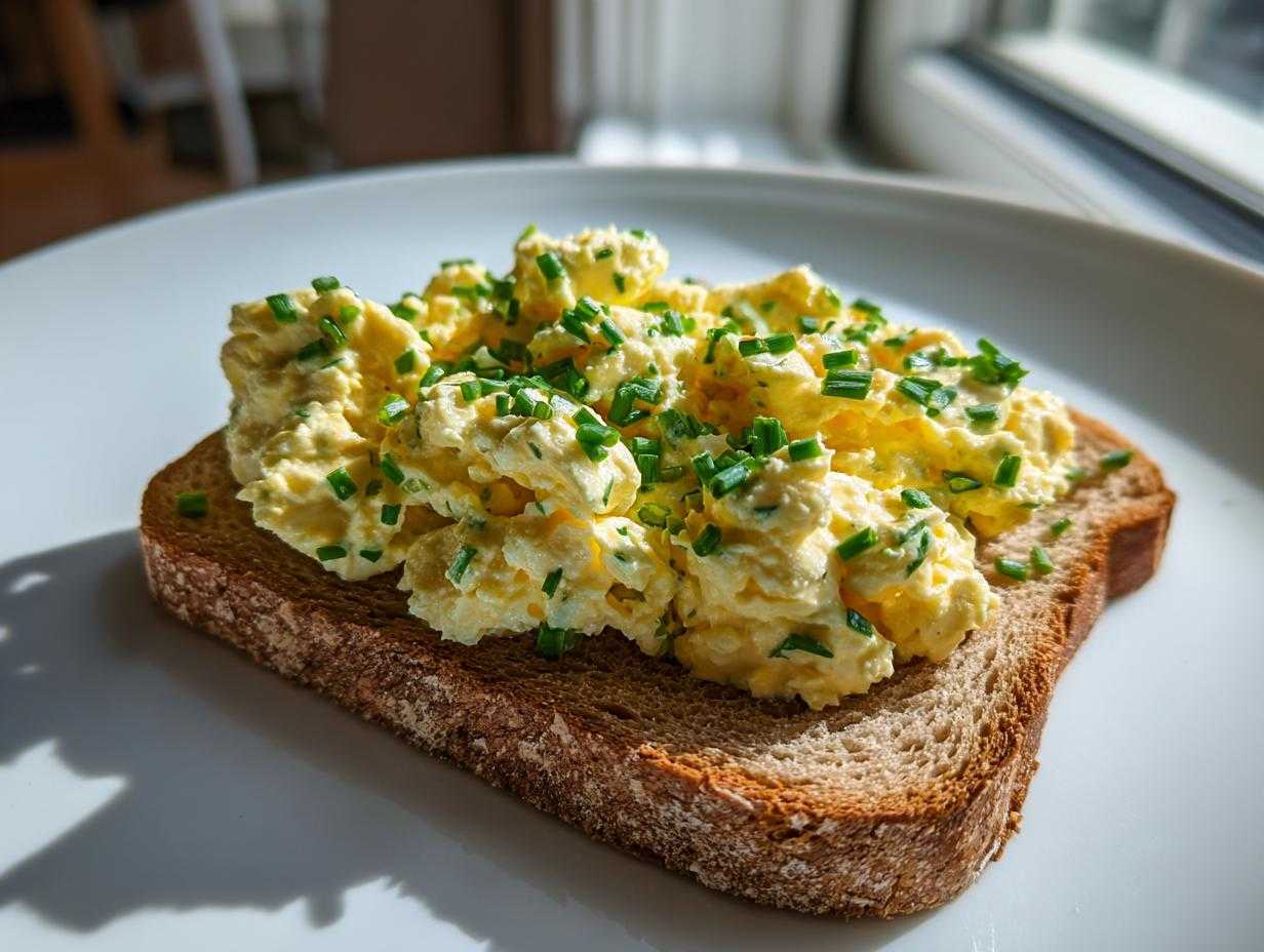 Kremowa pasta jajeczna ze szczypiorkiem na kromce ciemnego chleba, podana na białym talerzu.