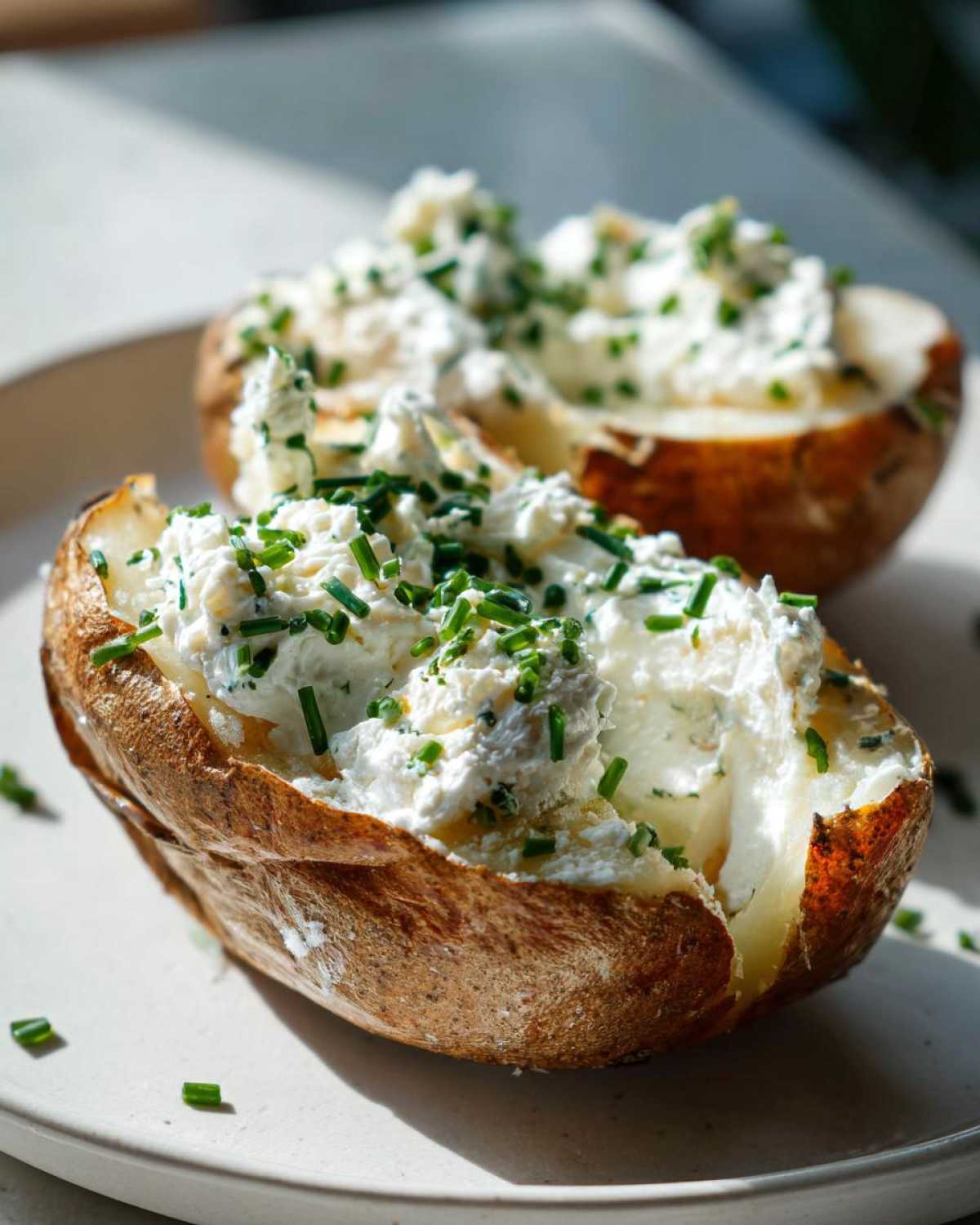 Dwa pieczone ziemniaki z gzikiem, obficie posypane świeżym szczypiorkiem.