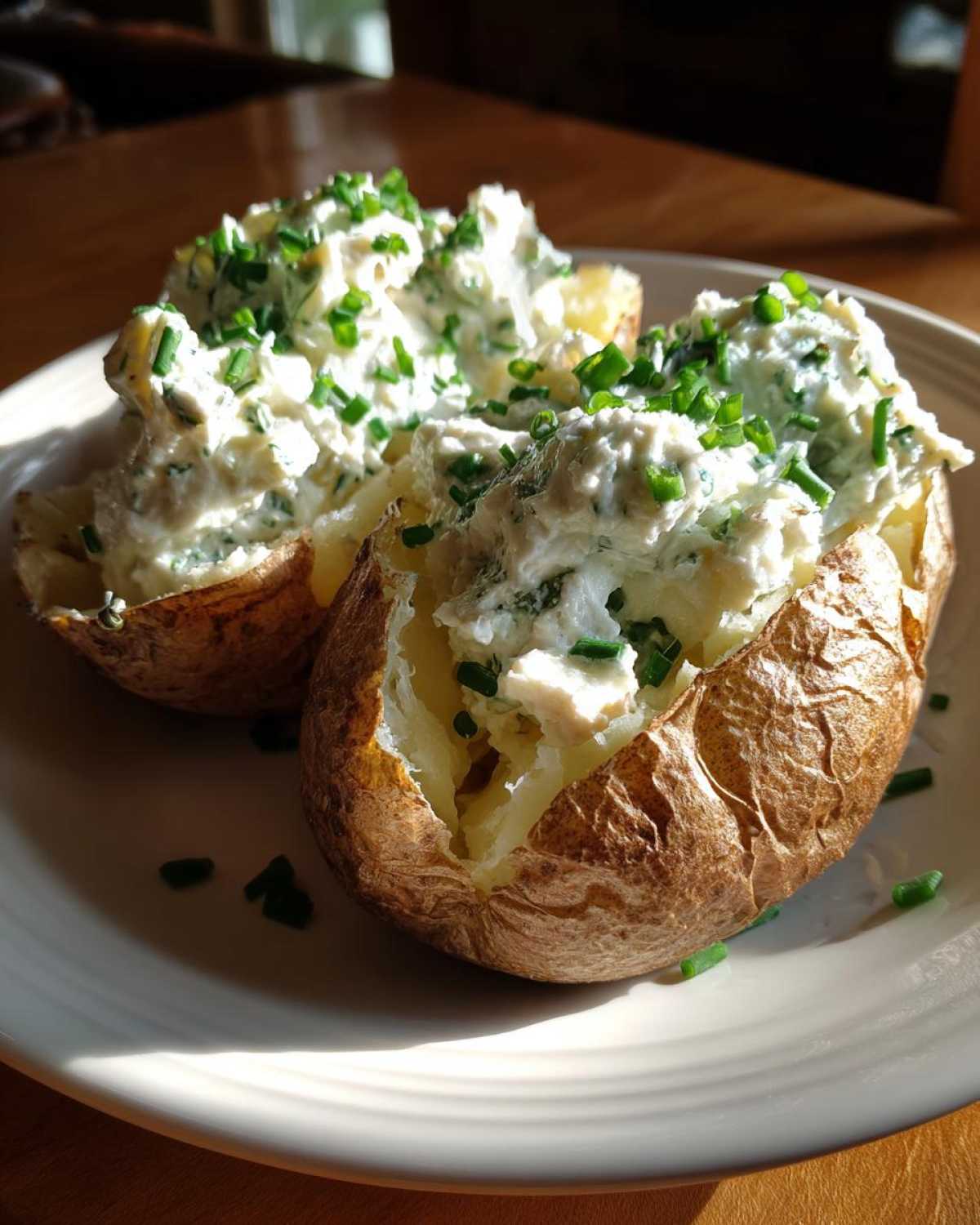 Dwa pieczone ziemniaki z gzikiem, obficie posypane świeżym szczypiorkiem na białym talerzu.
