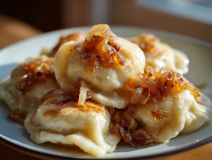 Zbliżenie na talerz pełen ugotowanych pierogi ruskie z okrasą ze smażonej cebulki.