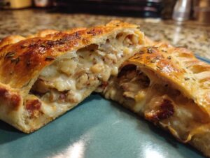 Przekrojony na pół Pizza Calzone z obfitym nadzieniem z sera i grzybów, widoczne ciągnące się nitki sera.