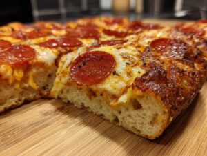Zbliżenie na kawałek Pizza Pepperoni na grubym cieście, ukazujące puszysty środek i chrupiące brzegi.