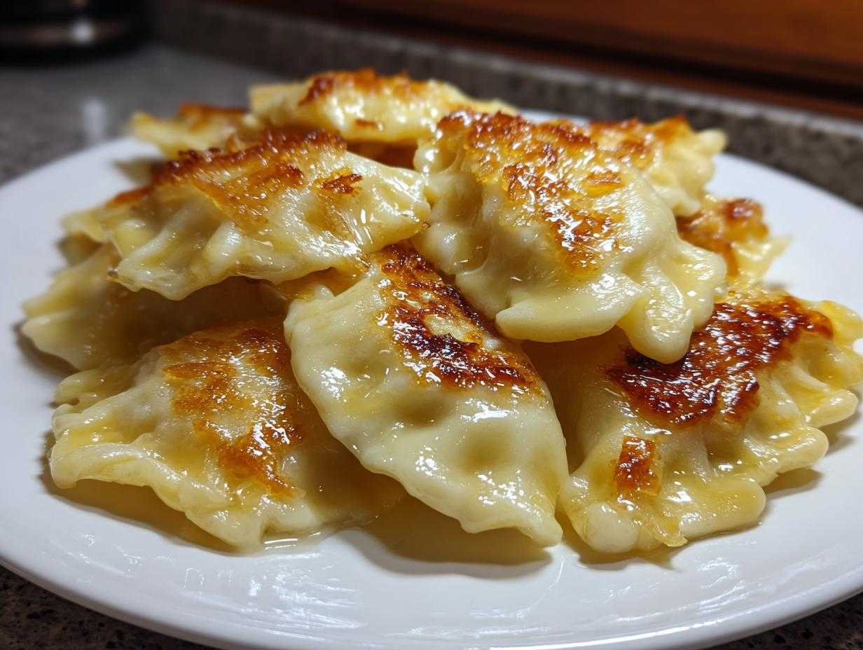 Zbliżenie na stos podsmażanych Pierogi z mięsem (z rosołu) z chrupiącą, złocistą skórką na białym talerzu.