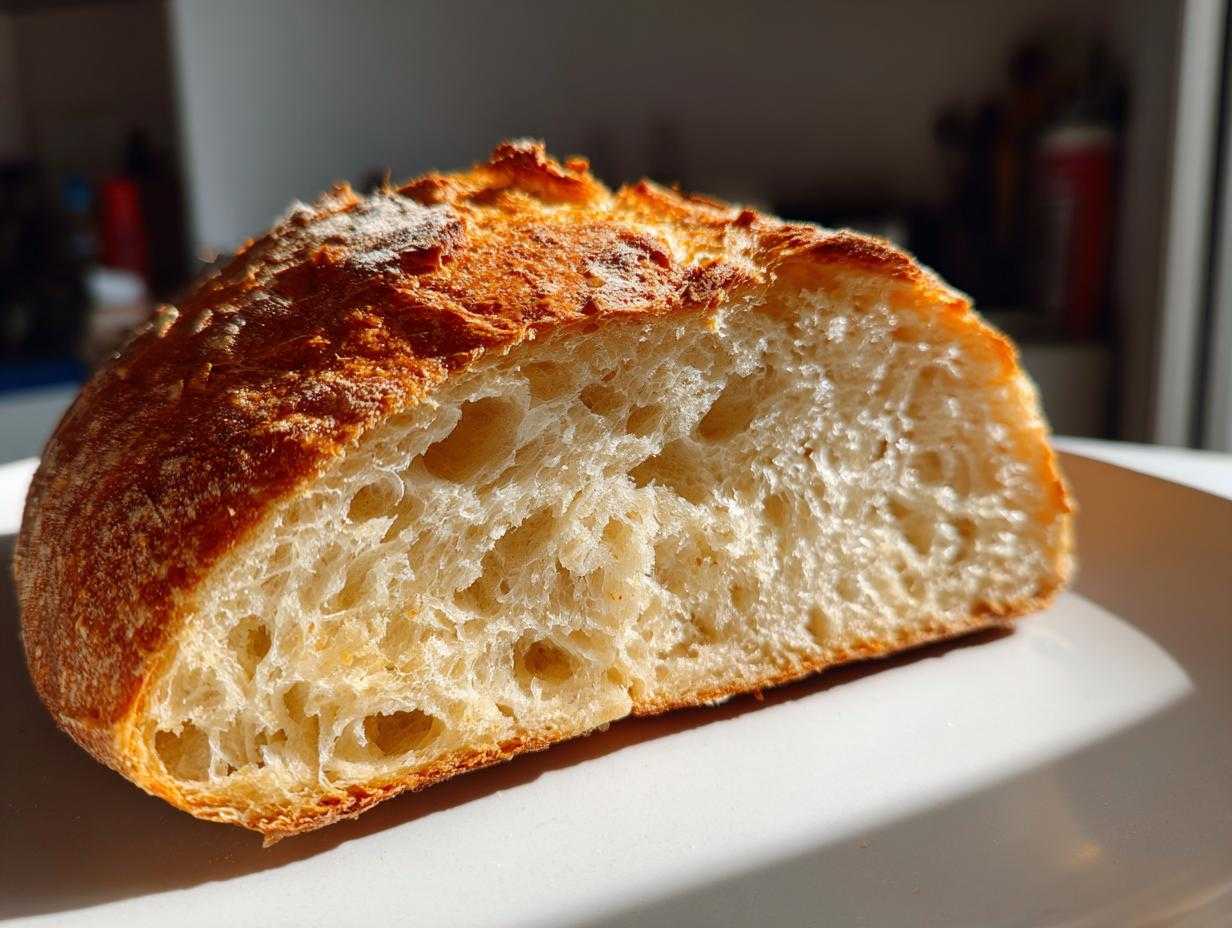 Zbliżenie na przekrój chleba domowego na drożdżach z chrupiącą skórką i puszystym miąższem.