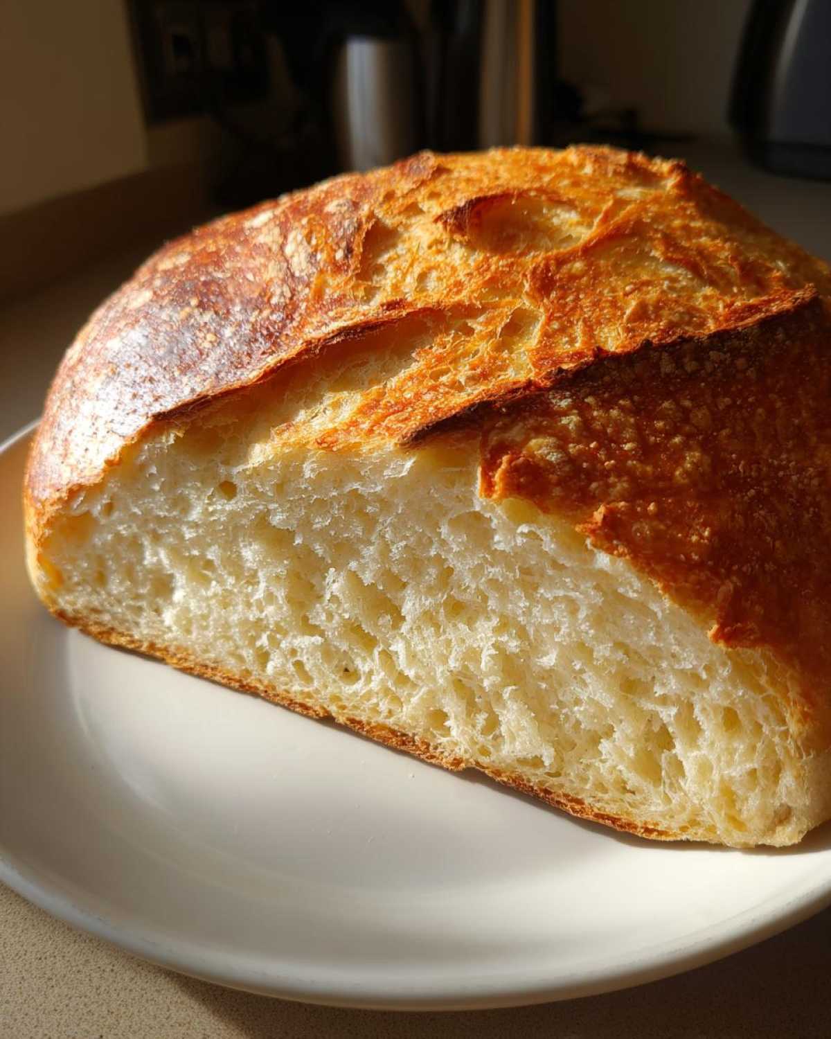 Przekrojony bochenek pysznego chleba domowego na drożdżach z chrupiącą, złotą skórką i miękkim wnętrzem.