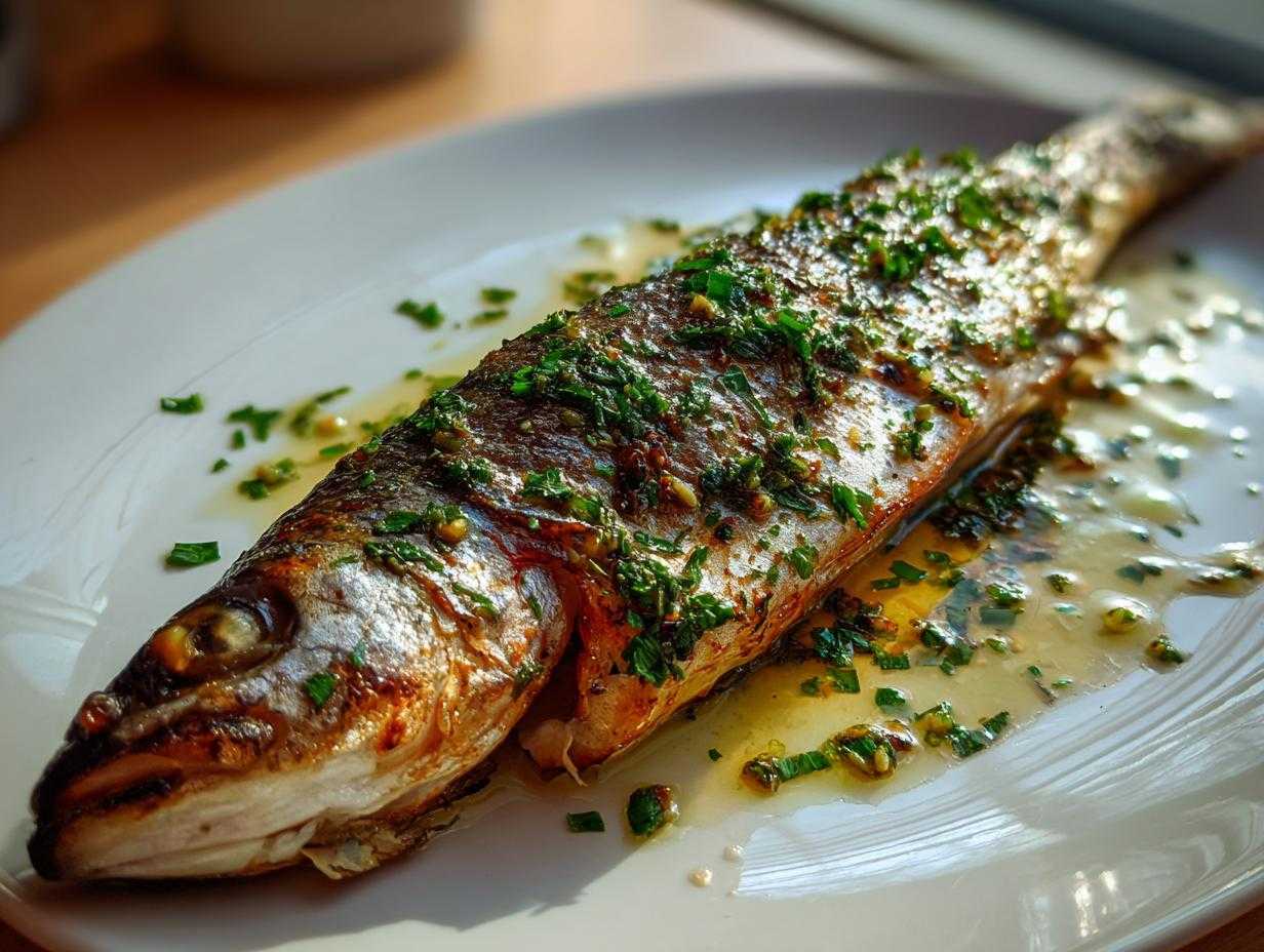 Zbliżenie na całego, upieczonego pstrąga polanego sosem z masła czosnkowego i posypanego natką pietruszki.