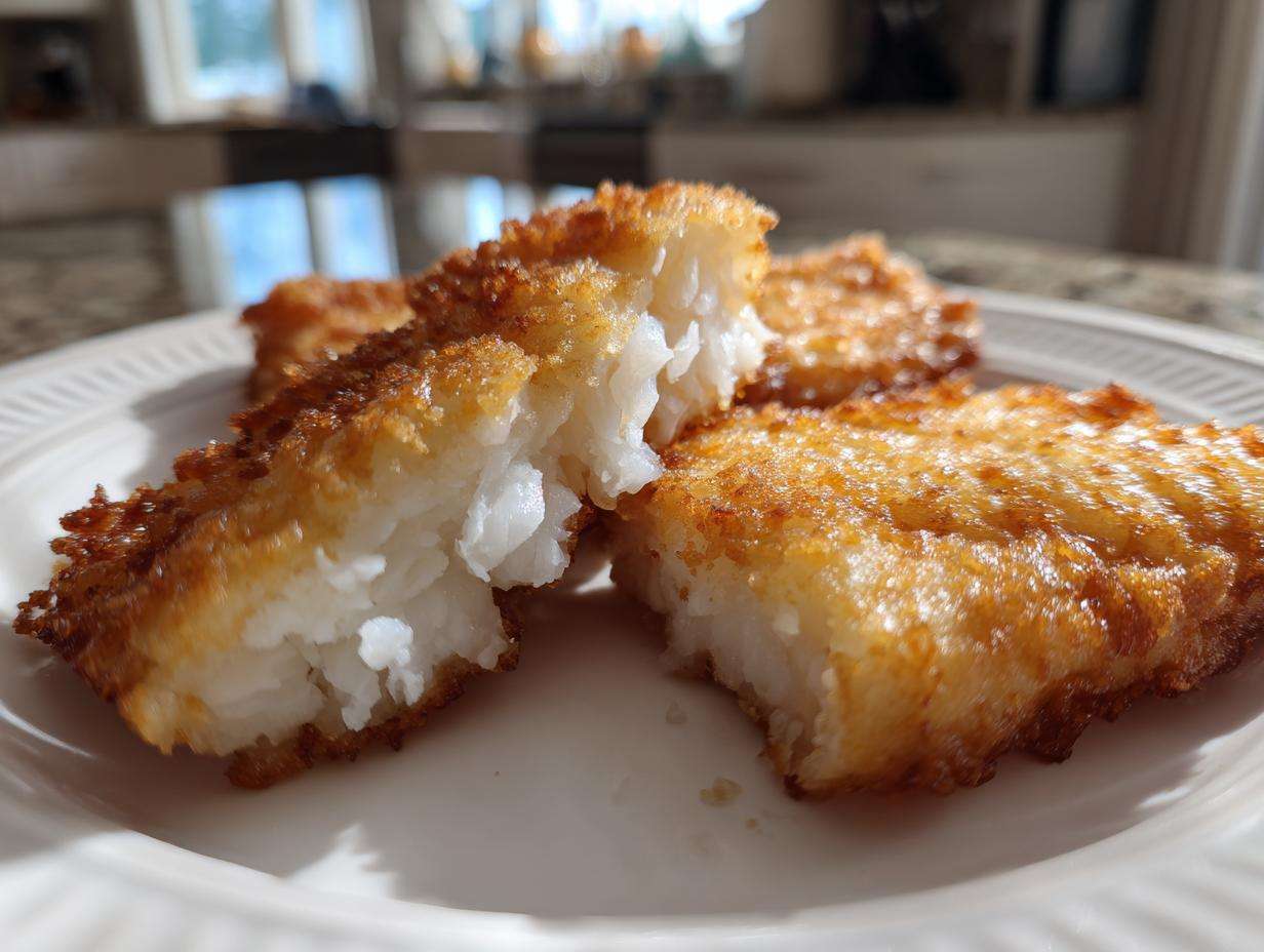 Przekrojony kawałek Ryby w cieście naleśnikowym, ukazujący białe, delikatne wnętrze ryby i złocistą panierkę.