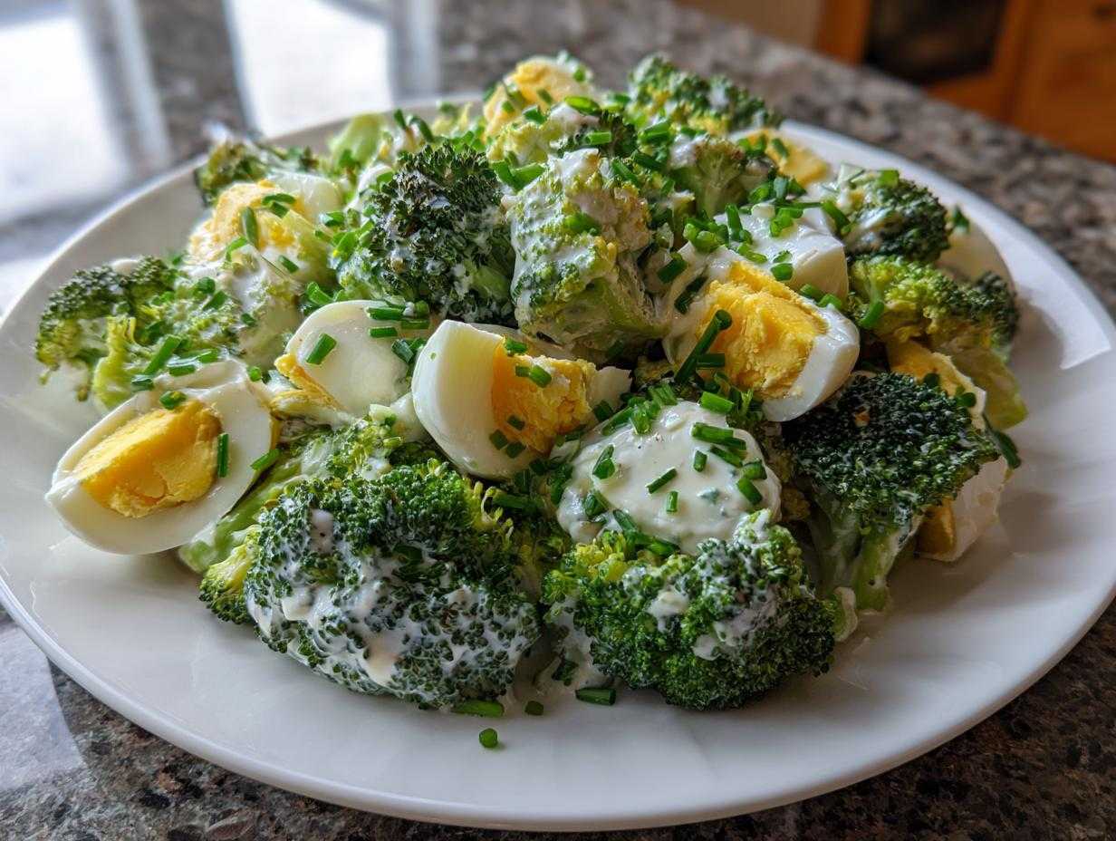 Zbliżenie na Sałatka z brokułem, jajkiem i sosem czosnkowym, polana białym sosem i posypana szczypiorkiem.