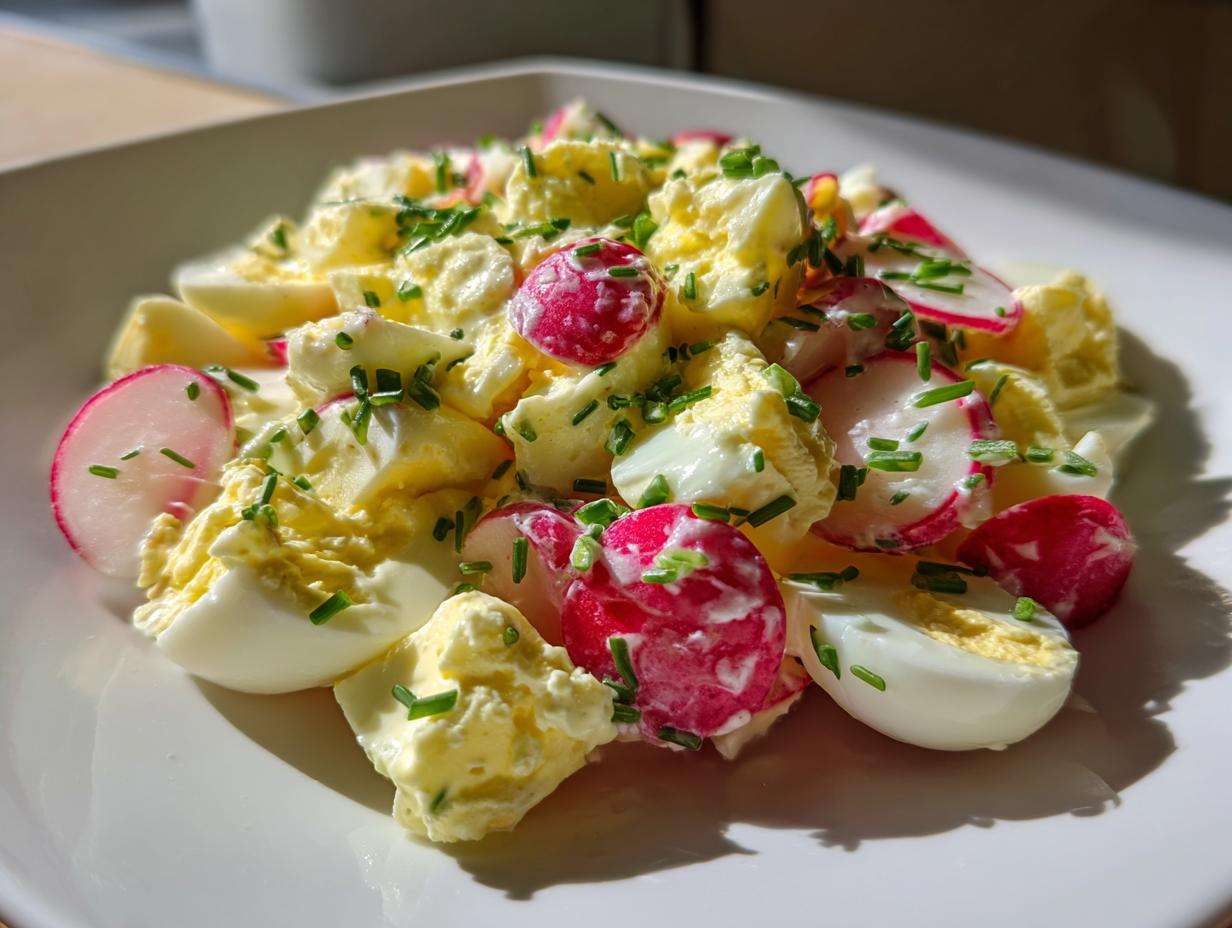 Zbliżenie na porcję Sałatka z jajkiem i rzodkiewką, z kawałkami jajek, plastrami rzodkiewki i szczypiorkiem.