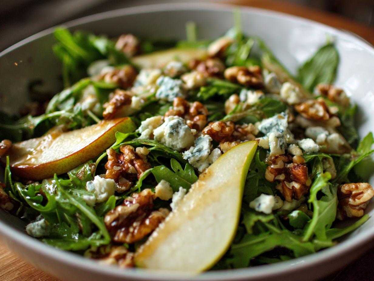 Zbliżenie na miskę Sałatka z rukolą, gruszką i serem pleśniowym z orzechami włoskimi.