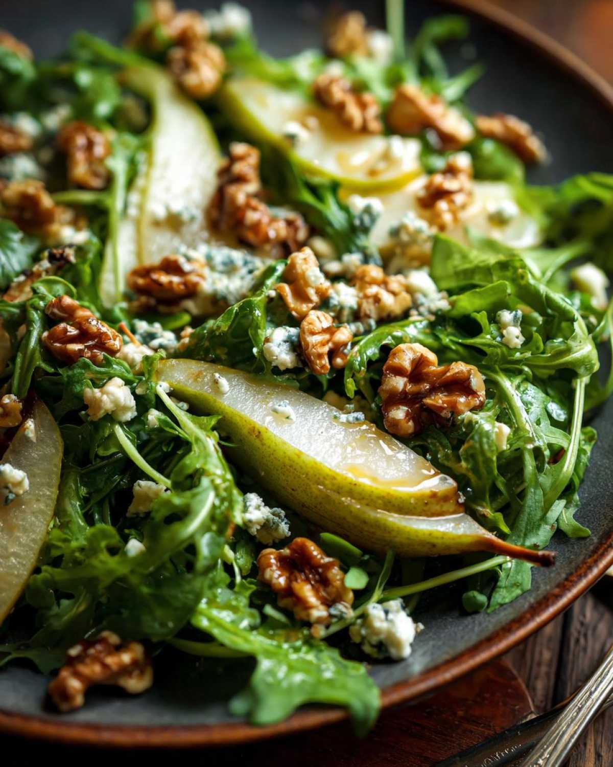 Zbliżenie na talerz z sałatką z rukolą, gruszką, orzechami włoskimi i serem pleśniowym.