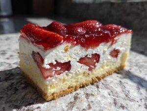 Zbliżenie na kawałek sernika na zimno z truskawkami, widoczny spód, masa serowa i galaretka.