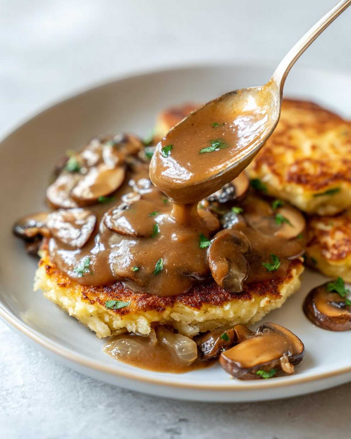 Łyżka polewa gęstym, brązowym sosem pieczarkowym do placków ziemniaczanych.