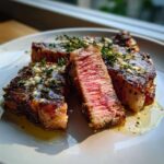 Przekrojony stek wołowy z masłem czosnkowym i tymiankiem, idealnie wysmażony.