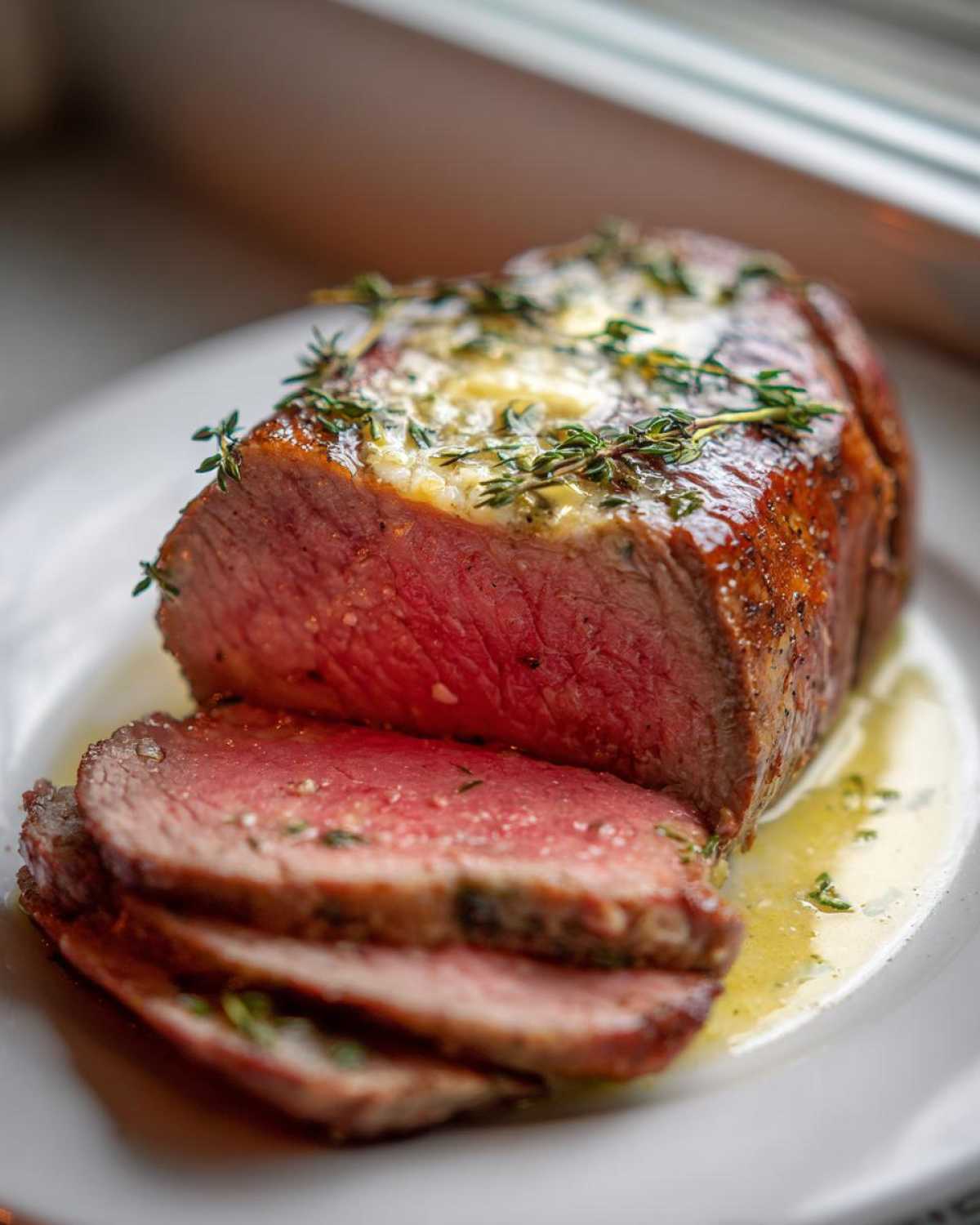 Przekrojony stek wołowy z masłem czosnkowym i tymiankiem, podany na białym talerzu.