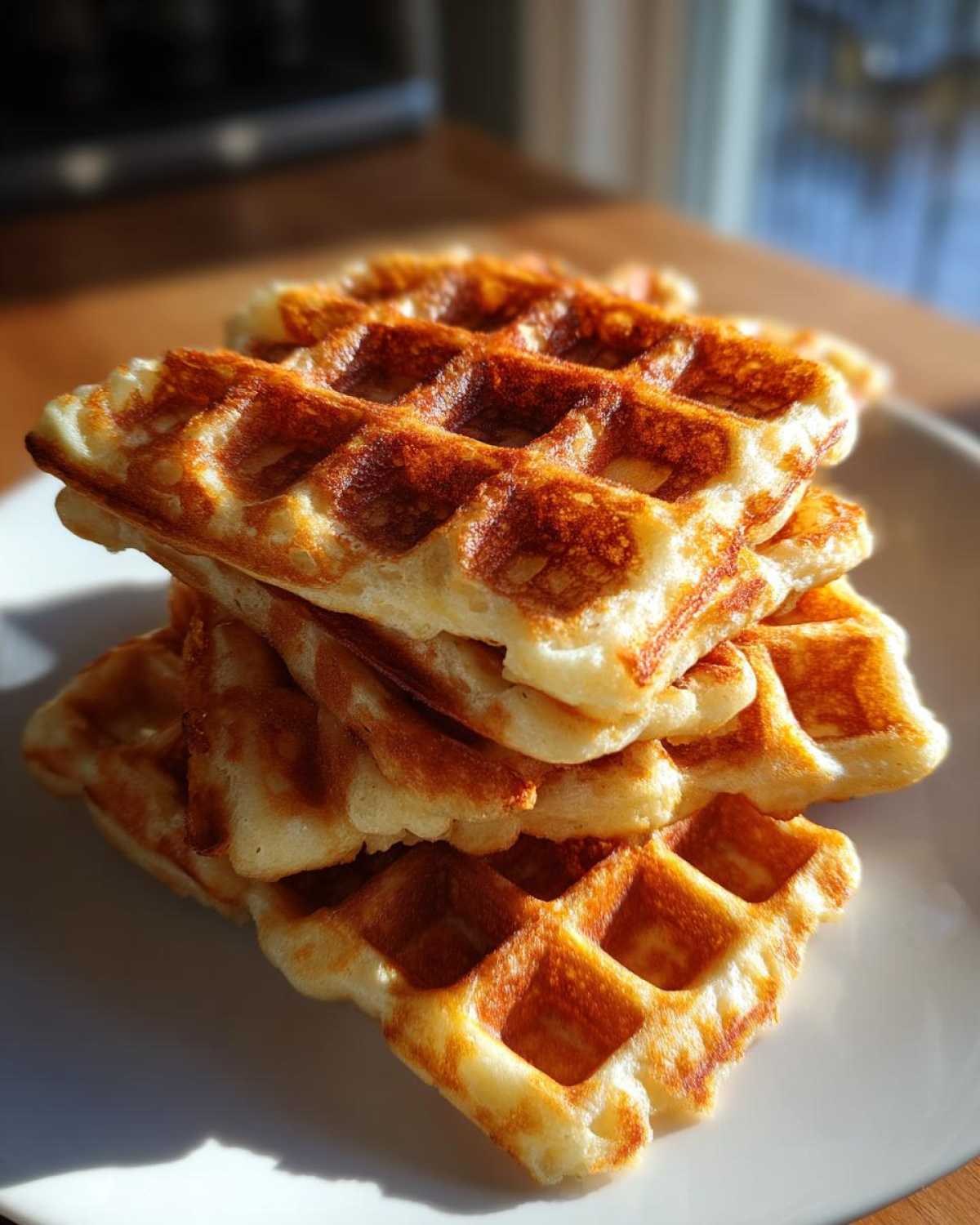 Zbliżenie na stos idealnie wypieczonych, chrupiących gofrów domowych na białym talerzu.