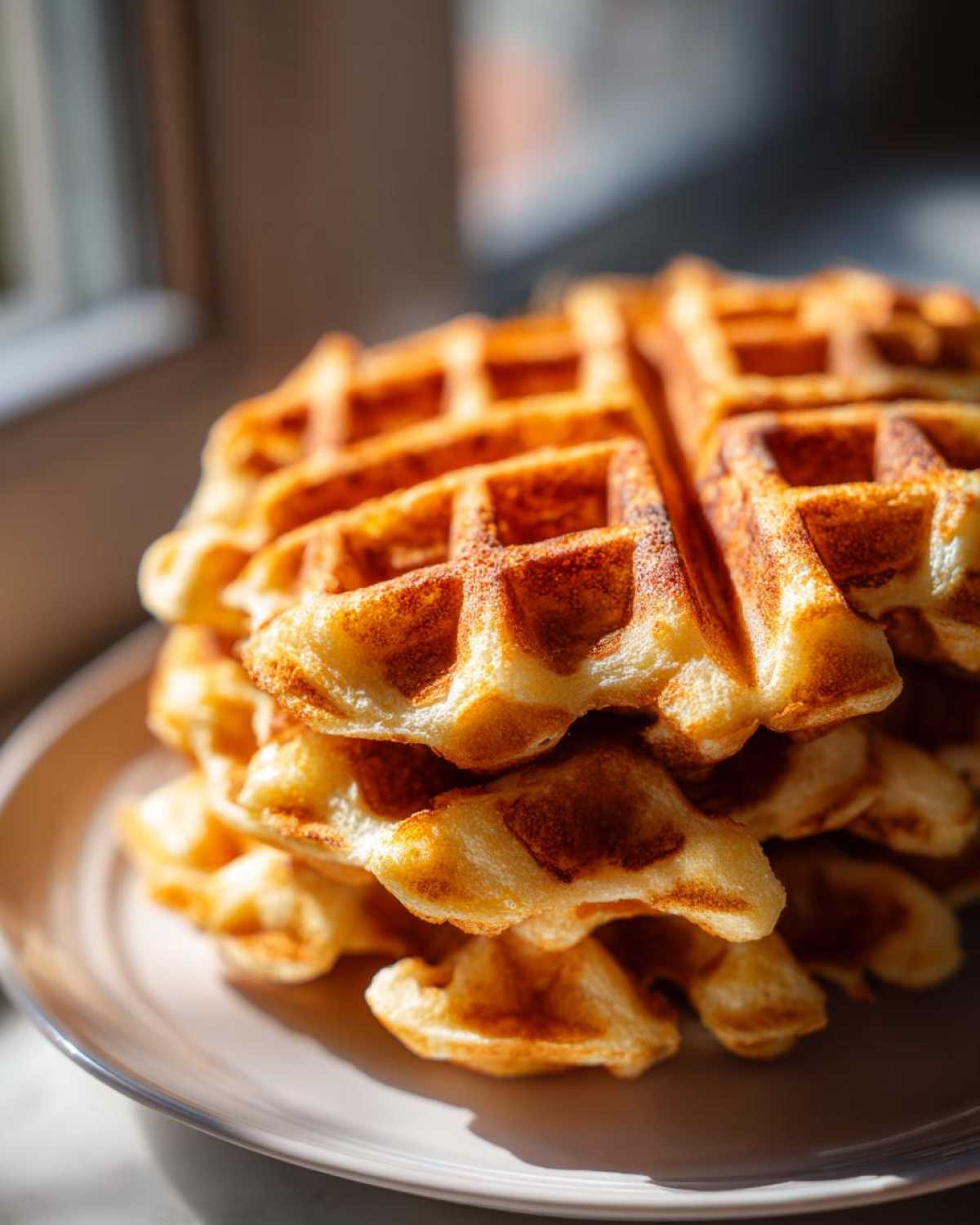 Zbliżenie na stos idealnie wypieczonych, złotych gofrów domowych chrupiących na jasnym talerzu.