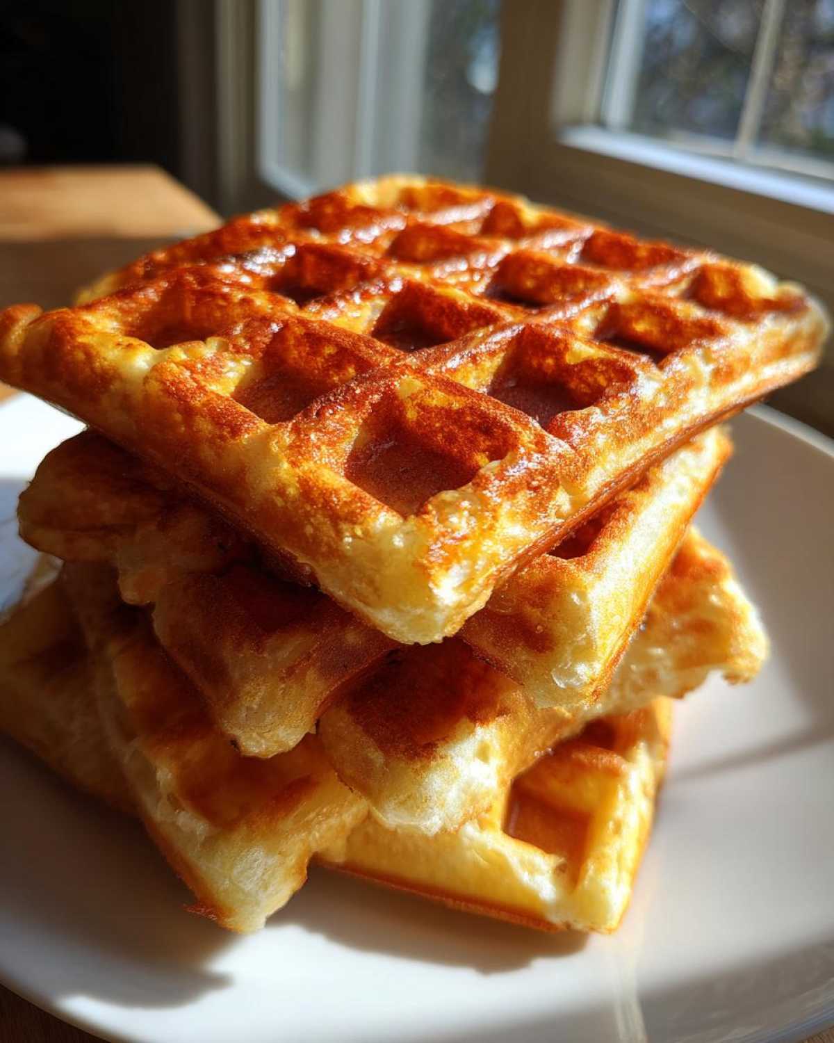 Stos idealnie wypieczonych, chrupiących gofrów domowych na białym talerzu, oświetlonych naturalnym światłem.