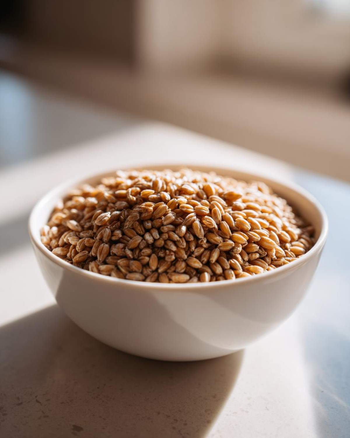 Zbliżenie na białą miskę wypełnioną suchą kaszą jęczmienną wiejską, oświetloną naturalnym światłem.