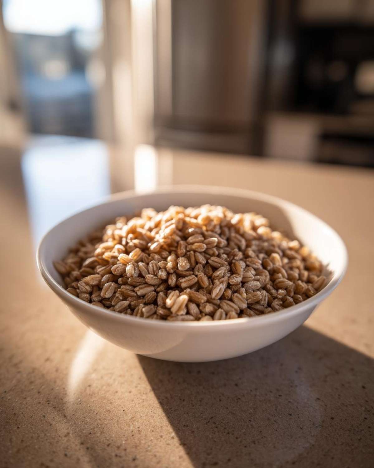 Zbliżenie na białą miskę wypełnioną suchą kaszą jęczmienną wiejską, oświetloną naturalnym światłem.