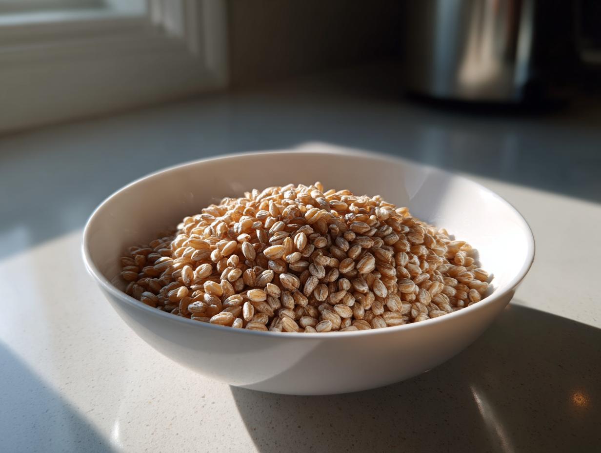 Zbliżenie na białą miskę wypełnioną suchą kaszą jęczmienną wiejską, oświetloną naturalnym światłem.