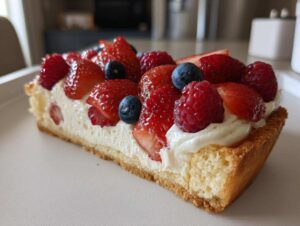 Zbliżenie na kawałek tarty z kremem mascarpone, truskawkami, malinami i borówkami.