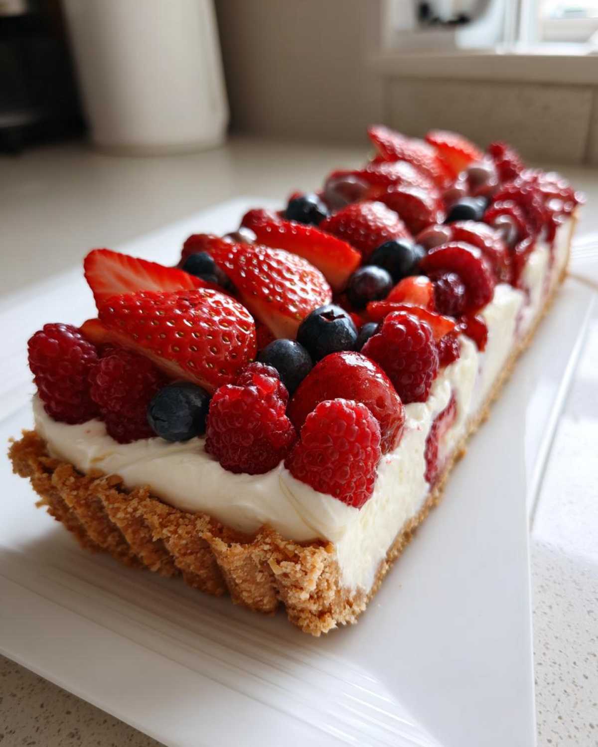 Zbliżenie na prostokątną tartę z kremem mascarpone i świeżymi owocami: truskawkami, malinami i borówkami.