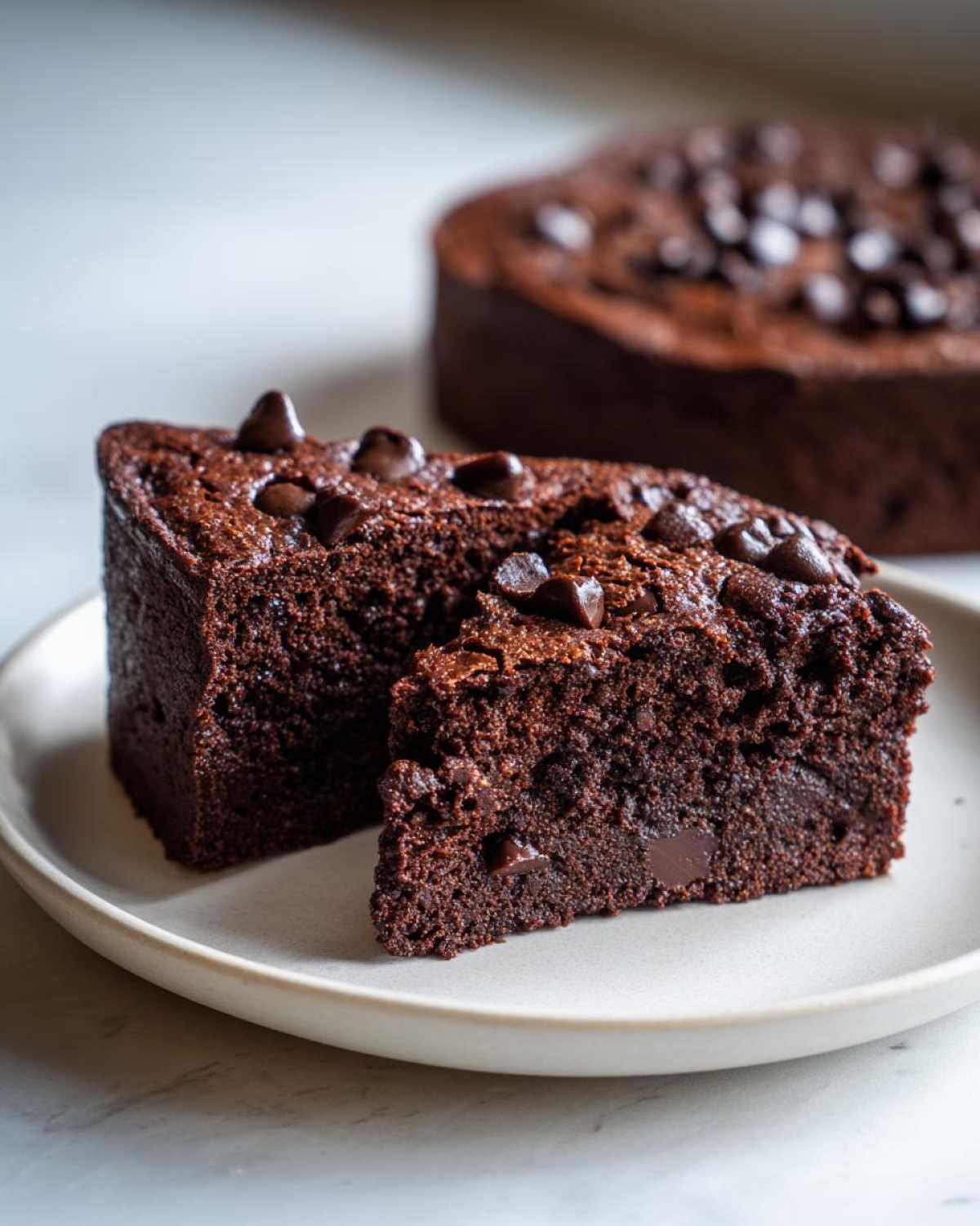 Dwa kawałki wilgotnego Brownie z fasoli czerwonej posypane czekoladowymi groszkami na talerzu.
