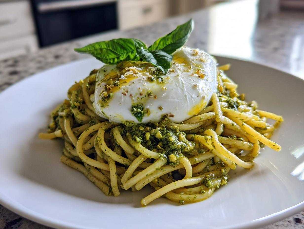 Makaron linguine z pesto pistacjowym i kremową burratą - Featured