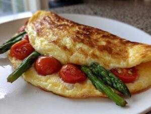 Puszysty omlet z zielonymi szparagami i pomidorkami - Featured