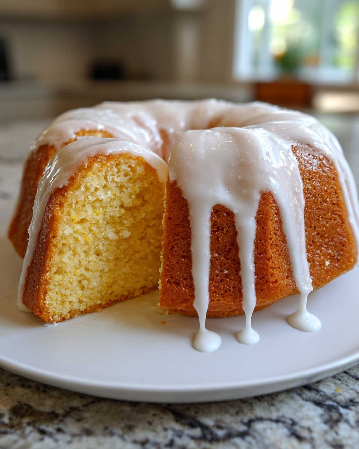 Babka cytrynowa z lukrem, z wyciętym kawałkiem pokazującym wilgotny środek.