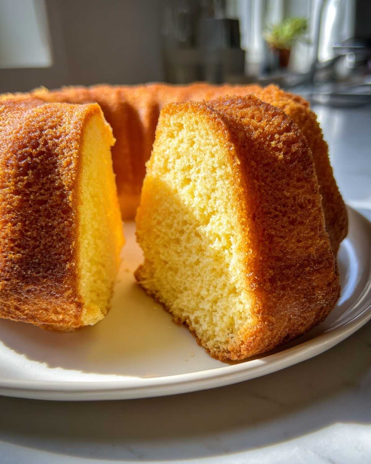 Przekrojona babka majonezowa na białym talerzu, widoczny puszysty, żółty środek ciasta.