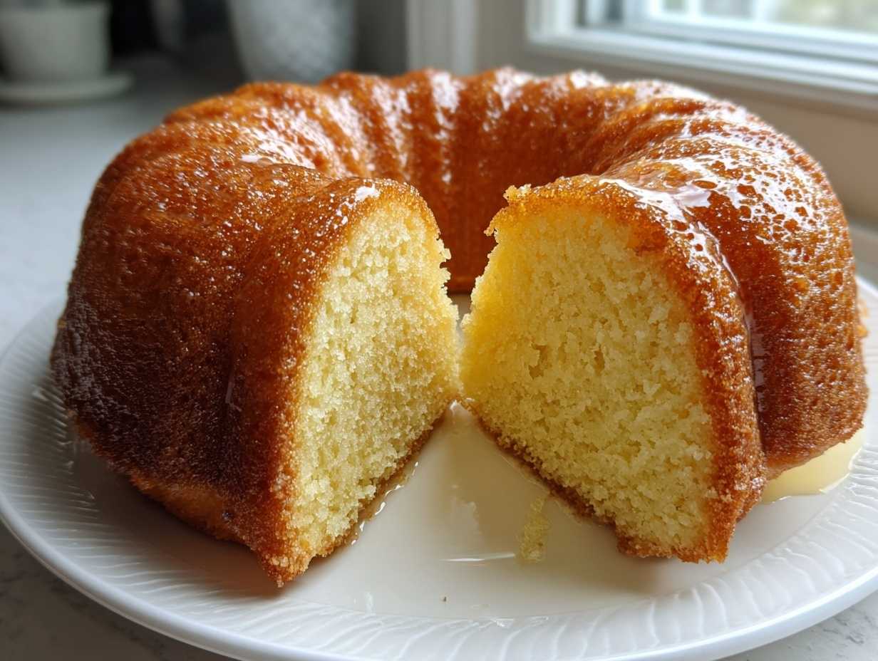 Przekrojona na pół wilgotna babka majonezowa z błyszczącym lukrem, ułożona na białym talerzu.